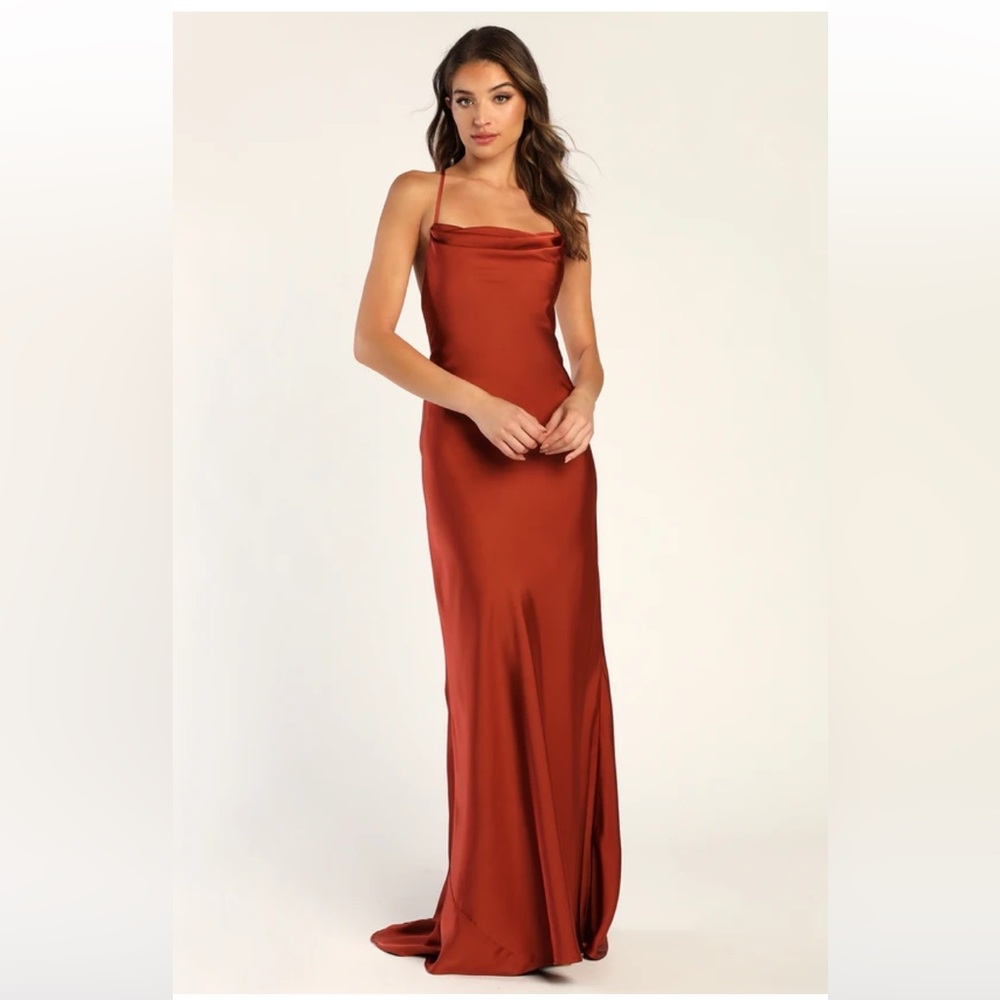 Lulus Rust Brown Satin Cowl Neck Lace-Up Maxi Dress